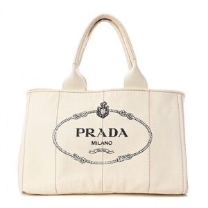Prada Canapa Cream White Black Gold Canvas Tote Bag